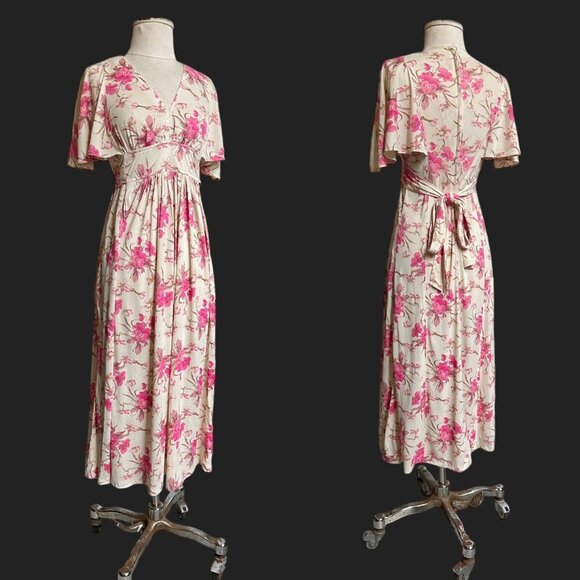 70s vintage flutter sleeve floral dress empire waist boho prairie cottage. - Picture 1 of 11